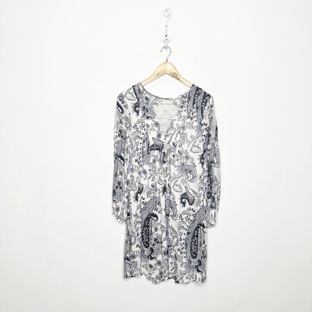 Free People Rain Or Shine Lace up Mini Dress Ivory Combo paisley womens XS